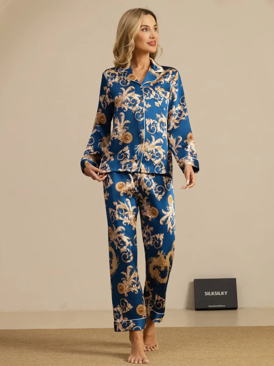 Pijama Mujer Seda Pura Manga Larga Cuello Notch Con Pantalón Estampado Dragón - Imagen 5