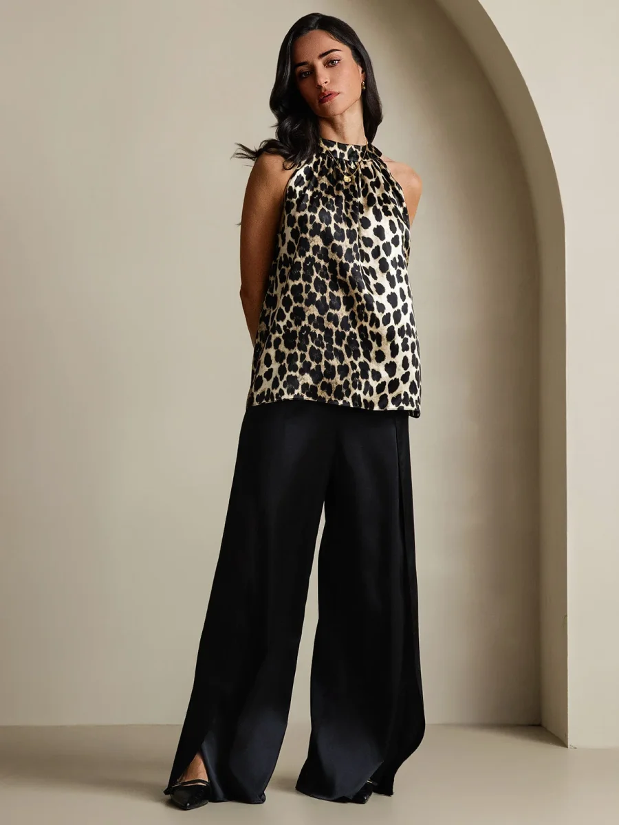 Top De Mujer De Seda 19Momme Sin Mangas Con Cuello Halter Y Estampado De Leopardo - Imagen 7
