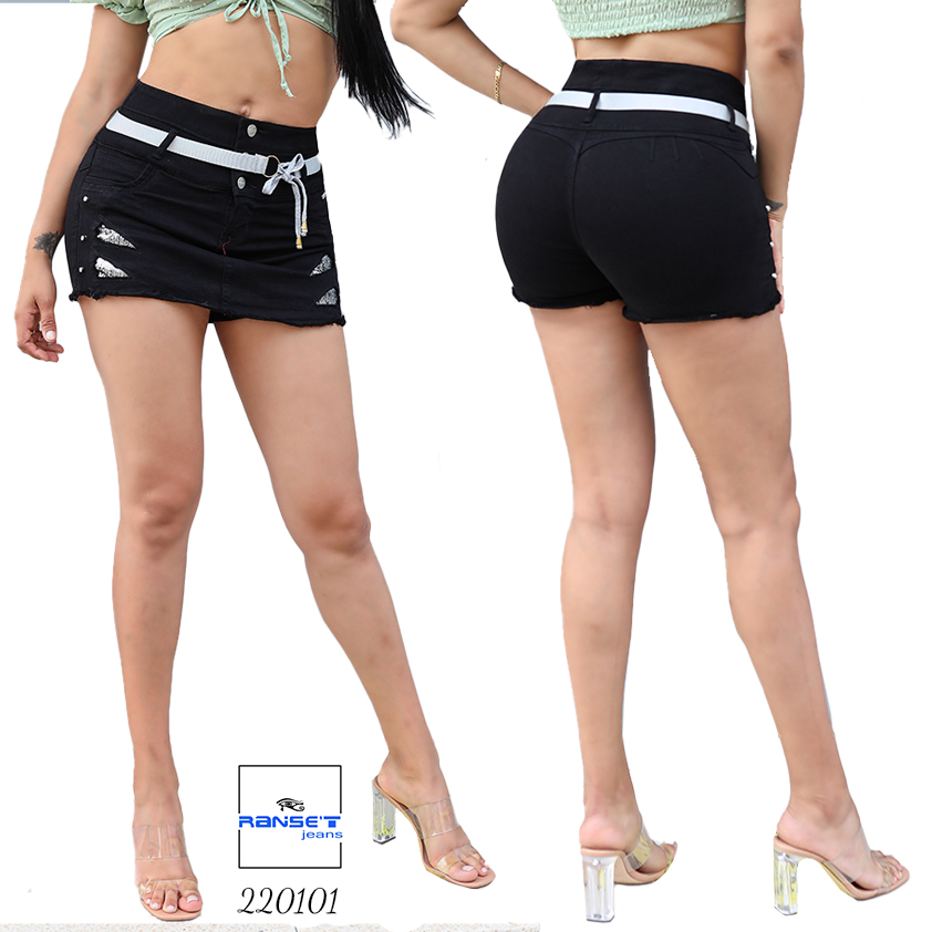 Falda short Denim Negro con cinturón - Imagen 4