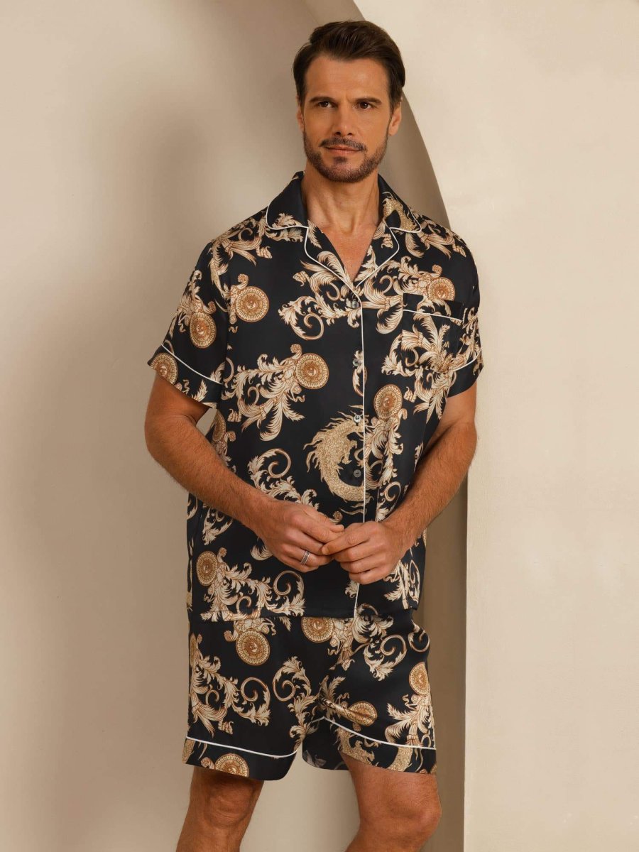 Pure Seda Hombre Estampado Dragón Manga Corta Cuello Notch Conjunto Pijama - Imagen 5