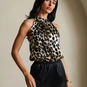 Top De Mujer De Seda 19Momme Sin Mangas Con Cuello Halter Y Estampado De Leopardo