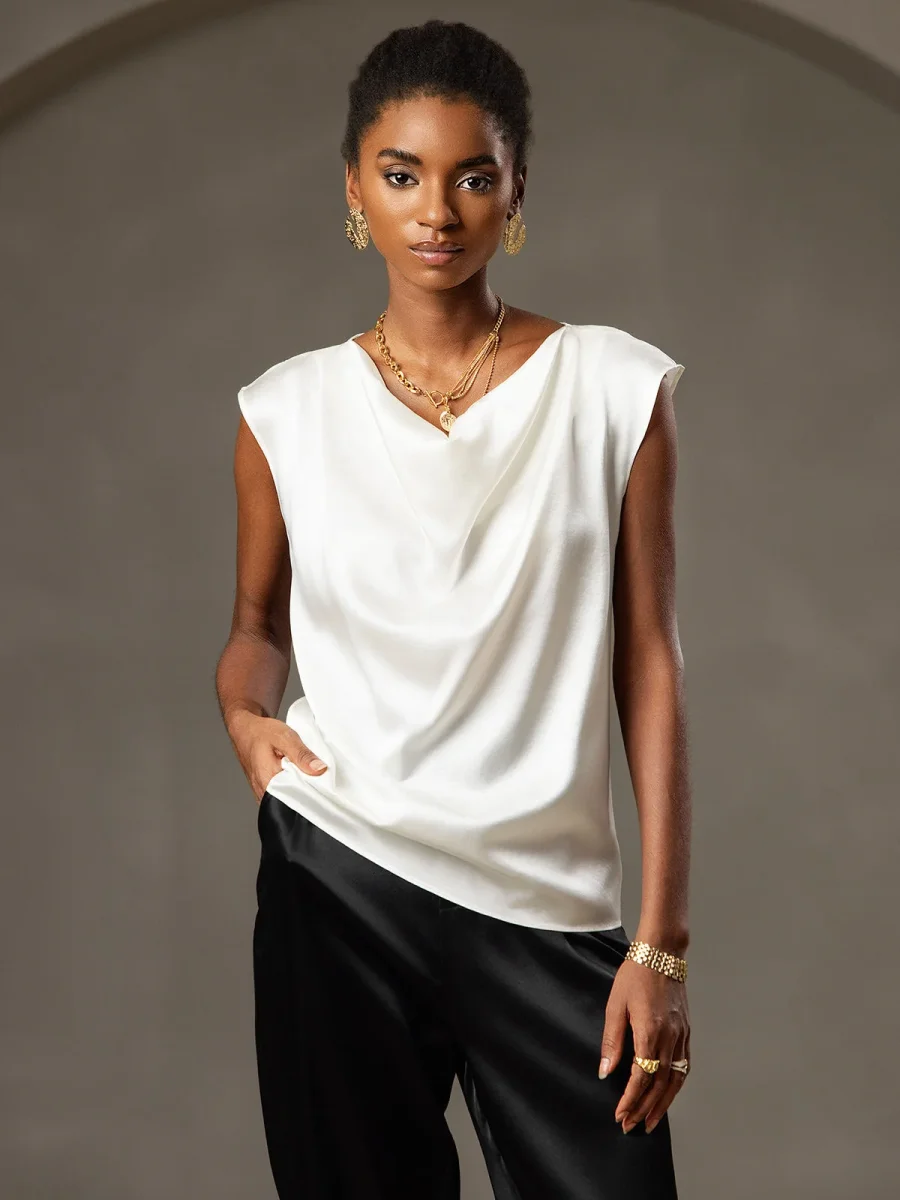 19Momme Seda Cuello Bote Cap Mangas Blusa - Imagen 5