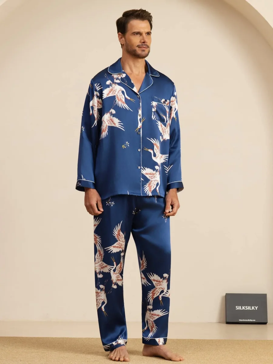 Conjunto de Pijamas para Hombre Estampado de Grúa Seda Pura 19Momme Manga Larga Cuello Notch - Imagen 4