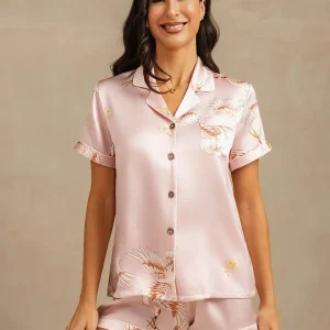 19Momme Conjunto De Pijama Para Mujer En Seda Pura Manga Corta Cuello Notch Estampado De Grulla