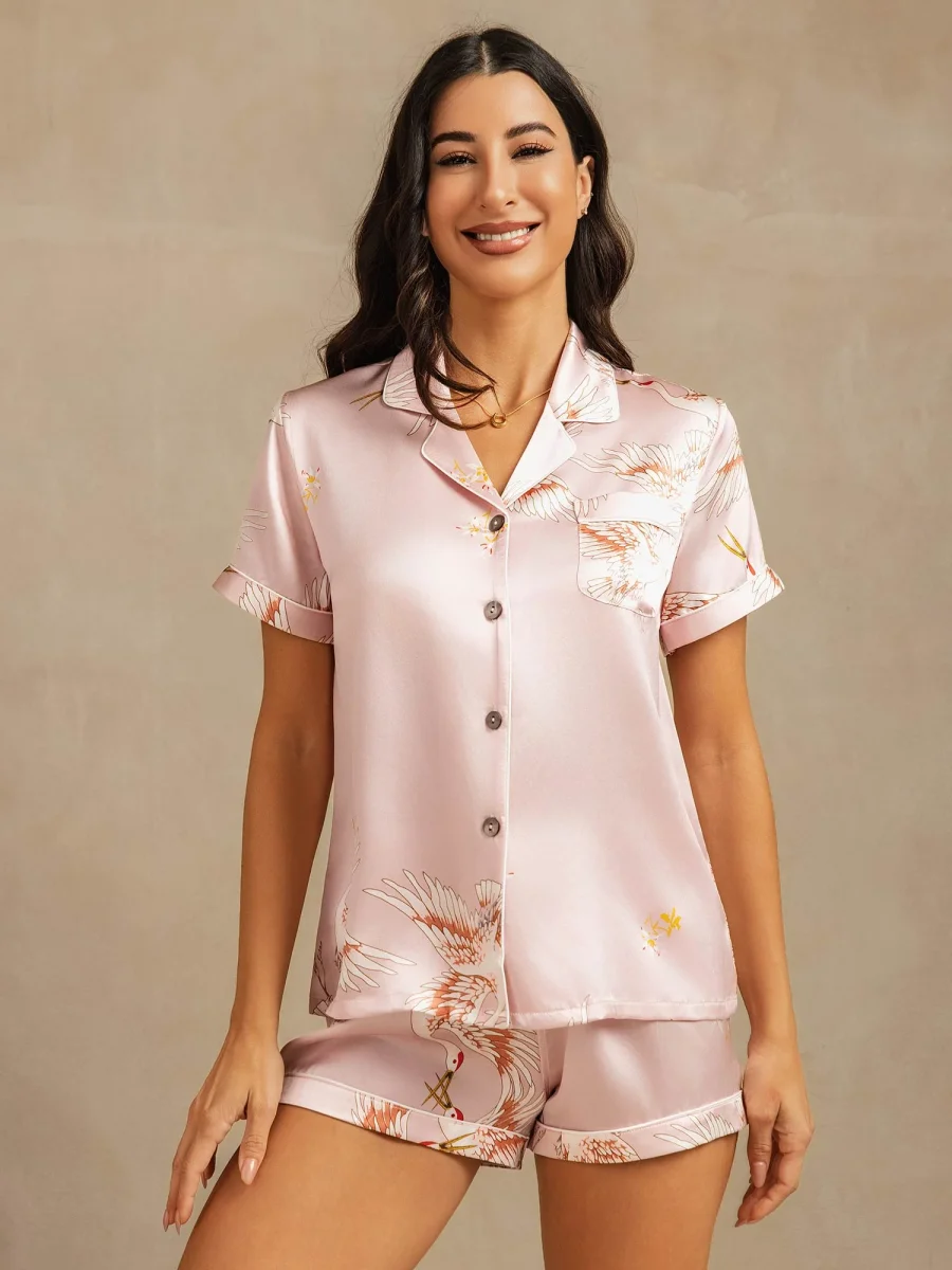 19Momme Conjunto De Pijama Para Mujer En Seda Pura Manga Corta Cuello Notch Estampado De Grulla - Imagen 2