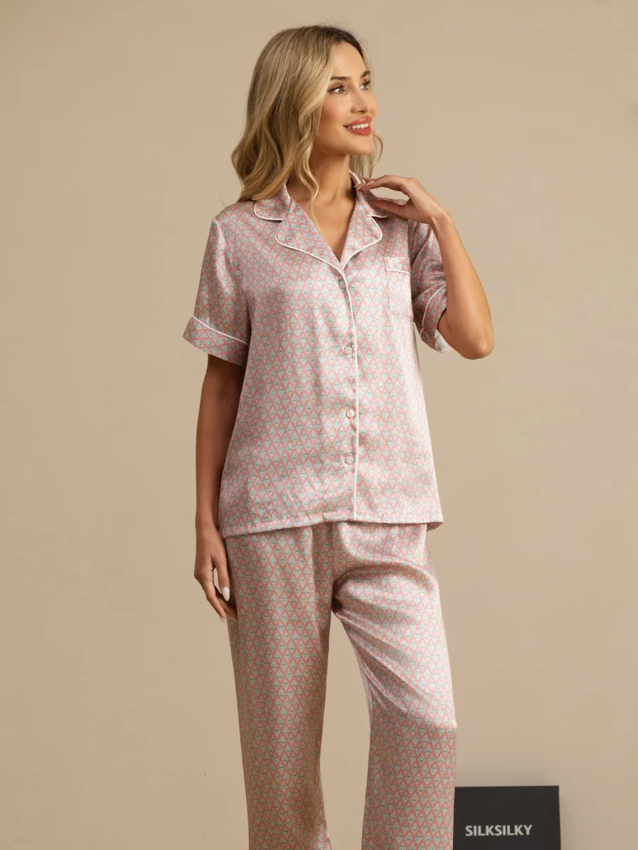 Pijama De Mujer De Seda Pura Con Estampado Geométrico De Manga Corta Con Cuello De Solapa Y Pantalones - Imagen 9