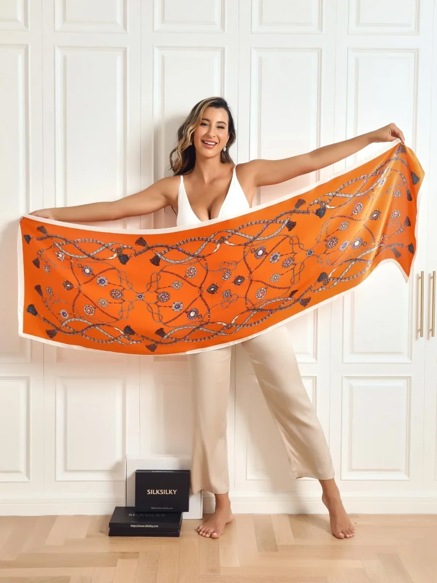 Pañuelo Mantoncillo Rectangular Estampado 100% Seda Morera 170x53cm - Imagen 7
