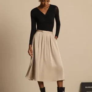 Falda Midi Plisada A-Line de Cintura Alta en Seda 19Momme con Bolsillos
