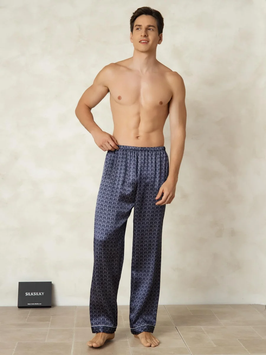 Pantalones De Dormir De Seda Pura Ginkgo Azul Marino Para Hombre Con Cintura Elástica - Imagen 5