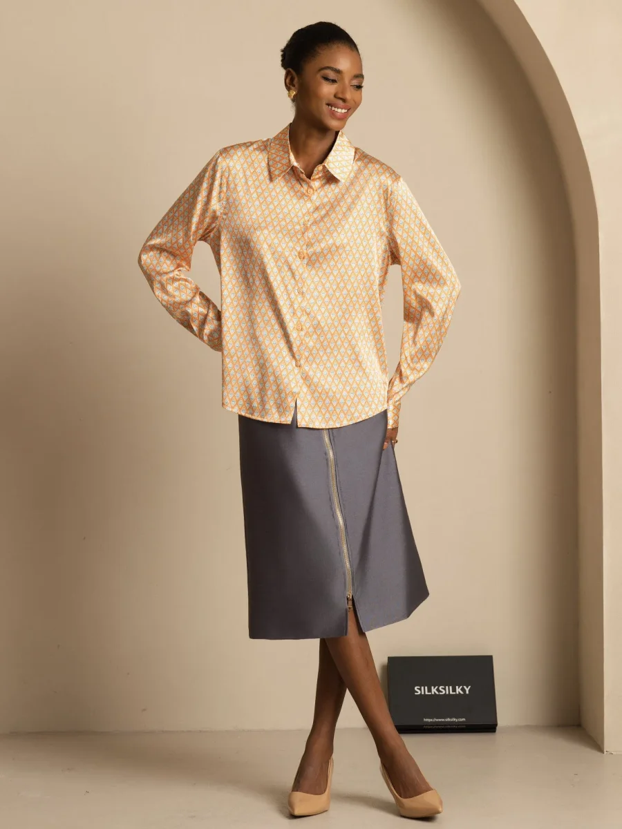 Camisa De Seda 19Momme Con Estampado Geométrico Manga Larga Y Cuello Solapa Para Mujer - Imagen 7