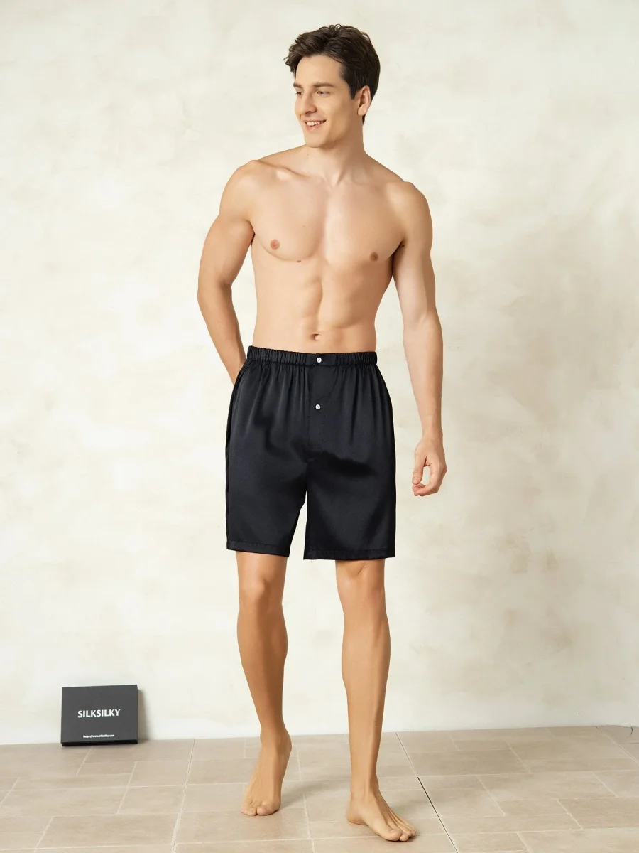 Pura Seda Cintura Elástica Pantalones Cortos De Dormir Para Hombre - Imagen 4