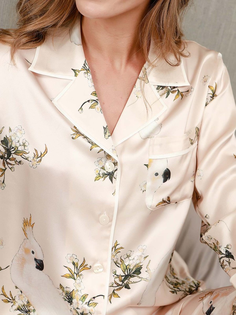 Conjunto De Pijama De Mujer De Seda Pura Con Estampado Floral Manga Larga Con Pantalón - Imagen 7