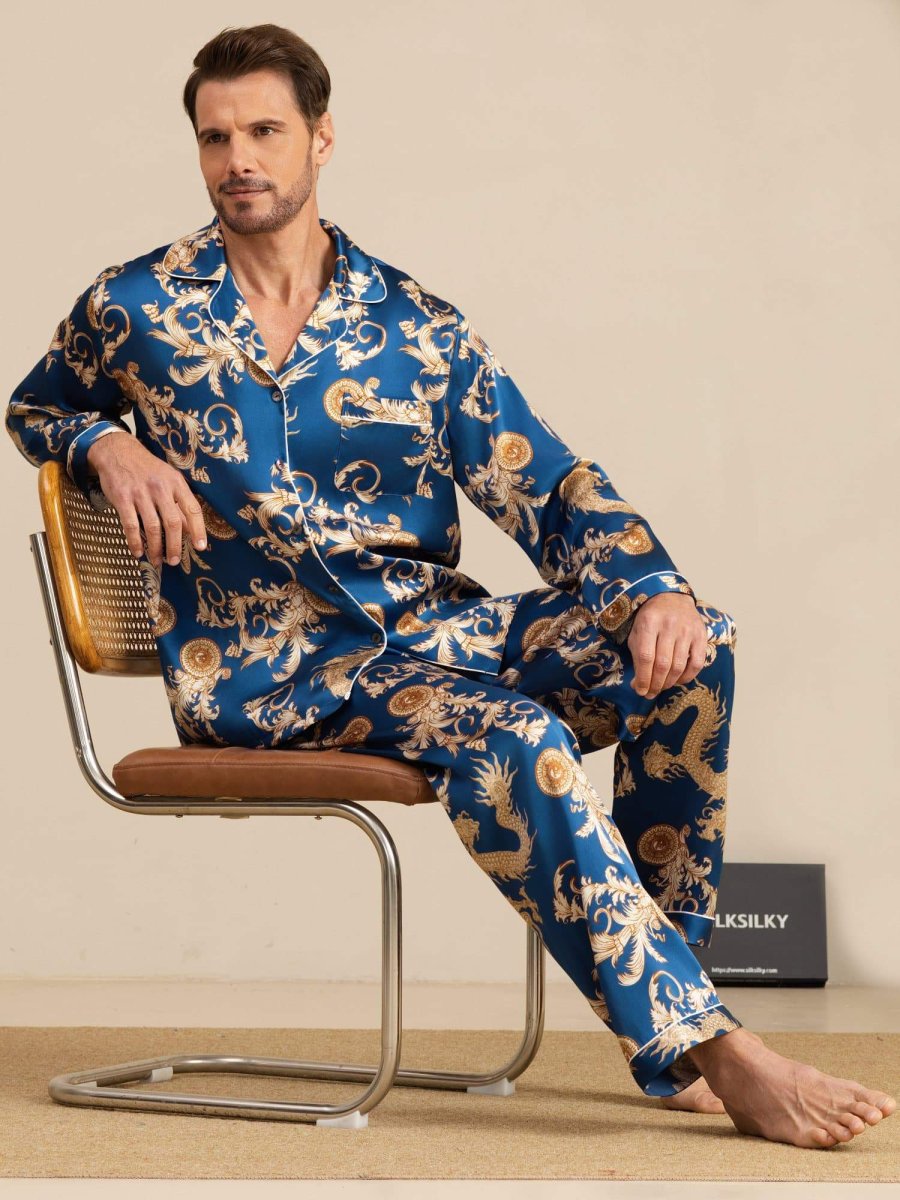 Pure Seda Hombre Estampado Dragón Manga Larga Cuello Notch Conjunto Pijama - Imagen 9