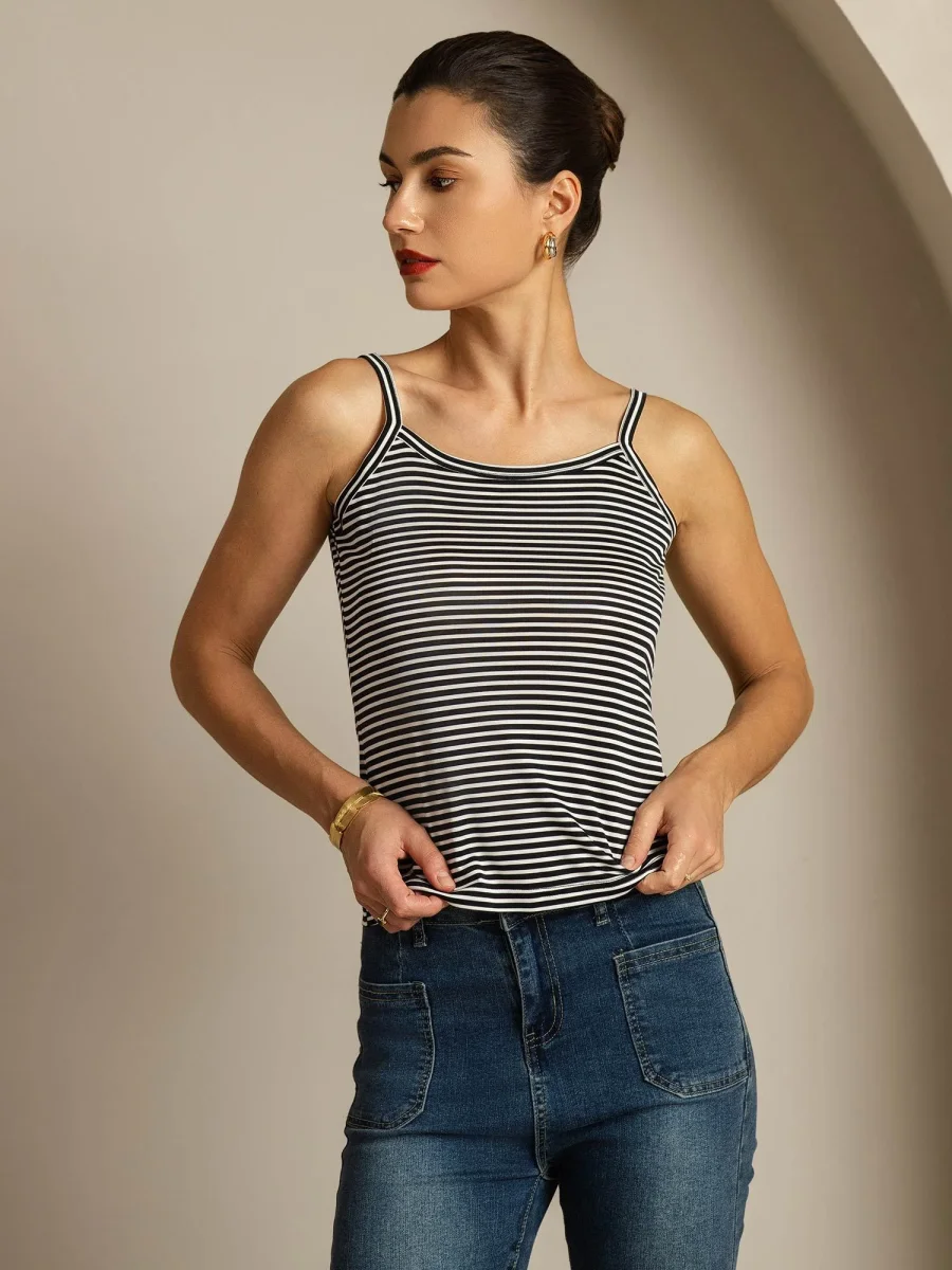 Top Camisola De Seda Pura Tirantes Finos Cuello Cuadrado A Rayas - Imagen 6