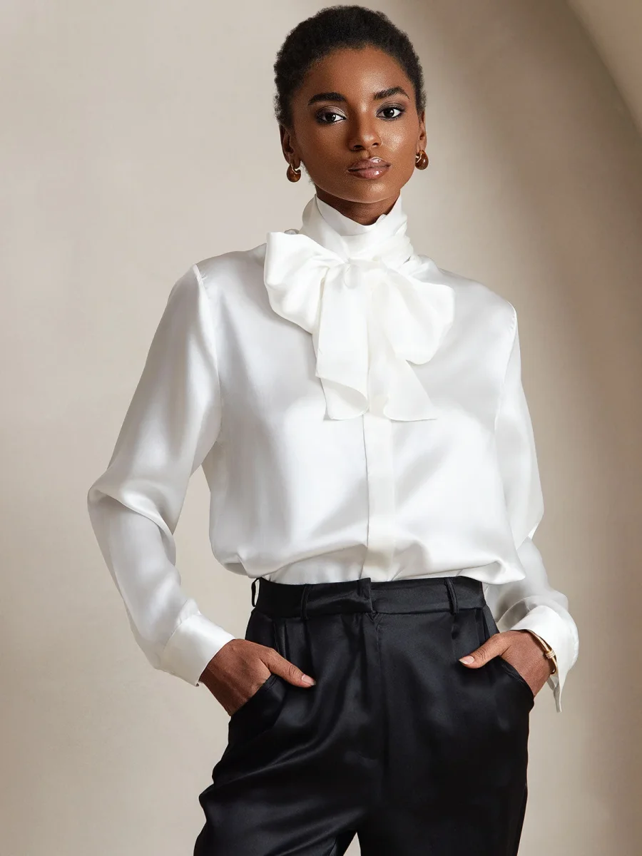 19 Momme Seda Cuello atado Camisa - Imagen 2