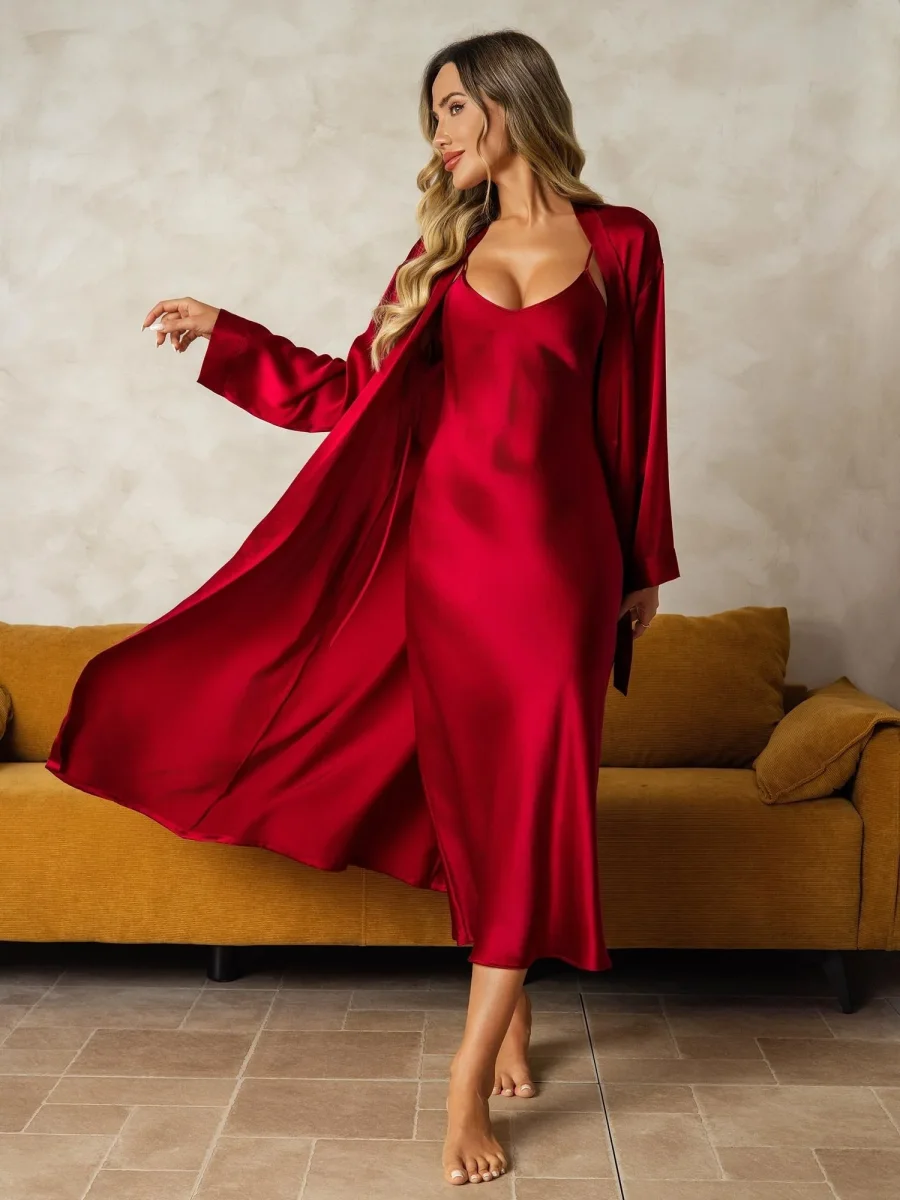 Seda Pura Escote en V Largo Midi Camisón & Bata Conjunto, 2 Piezas - Imagen 2