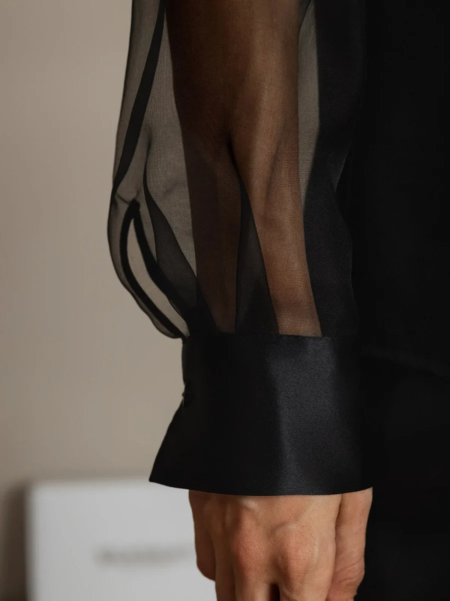 19Momme Seda Militar Cuello Transparentes Mangas Detalles Blusas - Imagen 5