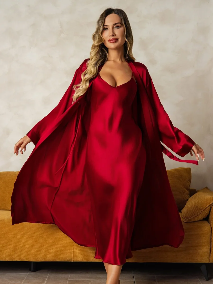 Seda Pura Escote en V Largo Midi Camisón & Bata Conjunto, 2 Piezas - Imagen 5