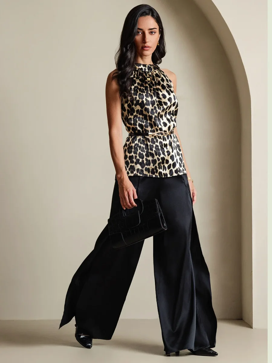 Top De Mujer De Seda 19Momme Sin Mangas Con Cuello Halter Y Estampado De Leopardo - Imagen 6