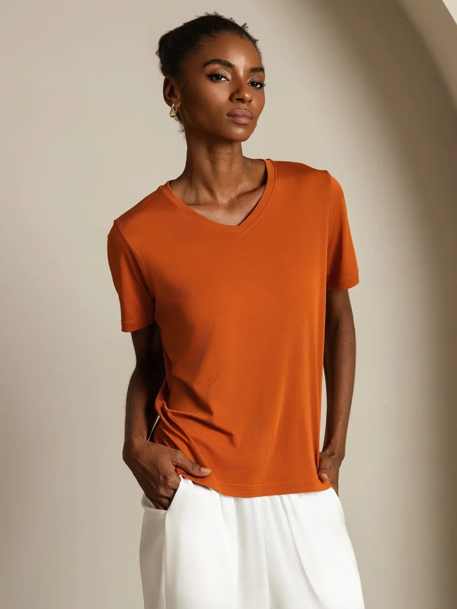 Camiseta de Mujer de Seta Pura con Escote en V y Mangas Cortas Resistente a Enganches - Imagen 7