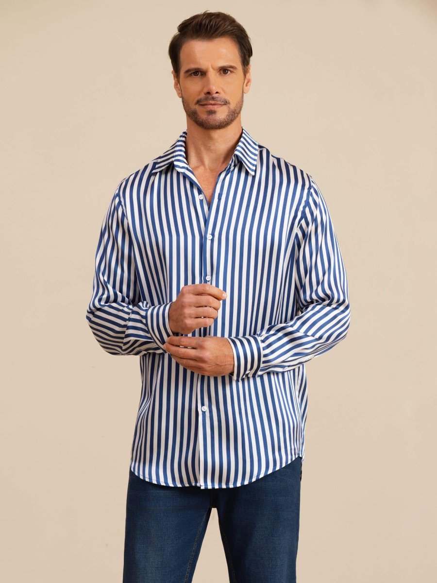 19Momme Seda Hombre Manga Larga Cuello Solapa Estampado Rayas Camisa - Imagen 4