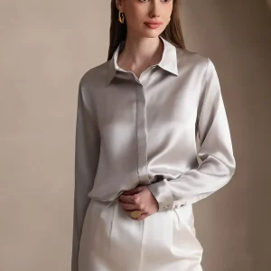 19 Momme Camisa Básica De Seda De Manga Larga