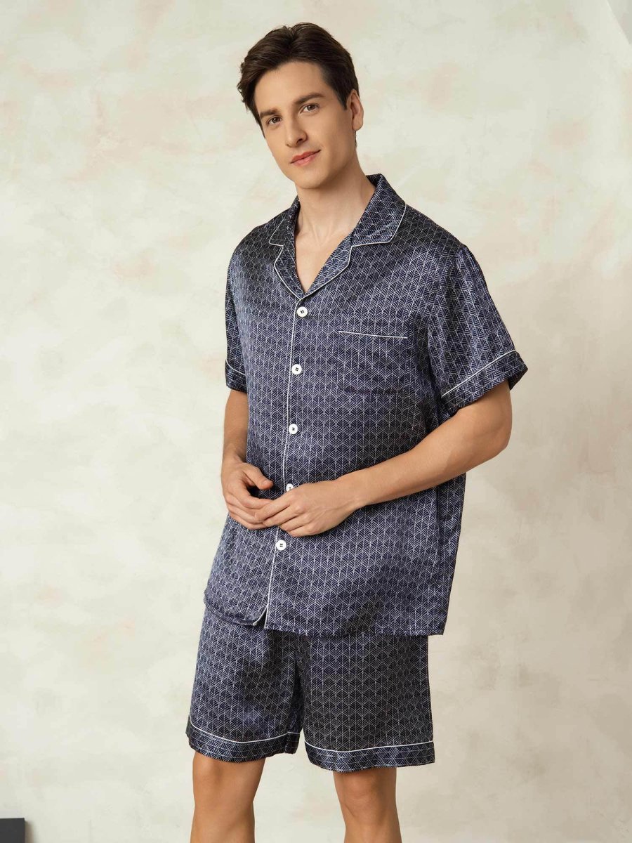 Pijama De Hombre De Seda Pura Azul Marino Con Estampado De Ginkgo De Manga Corta Y Cuello Con Solapa - Imagen 4