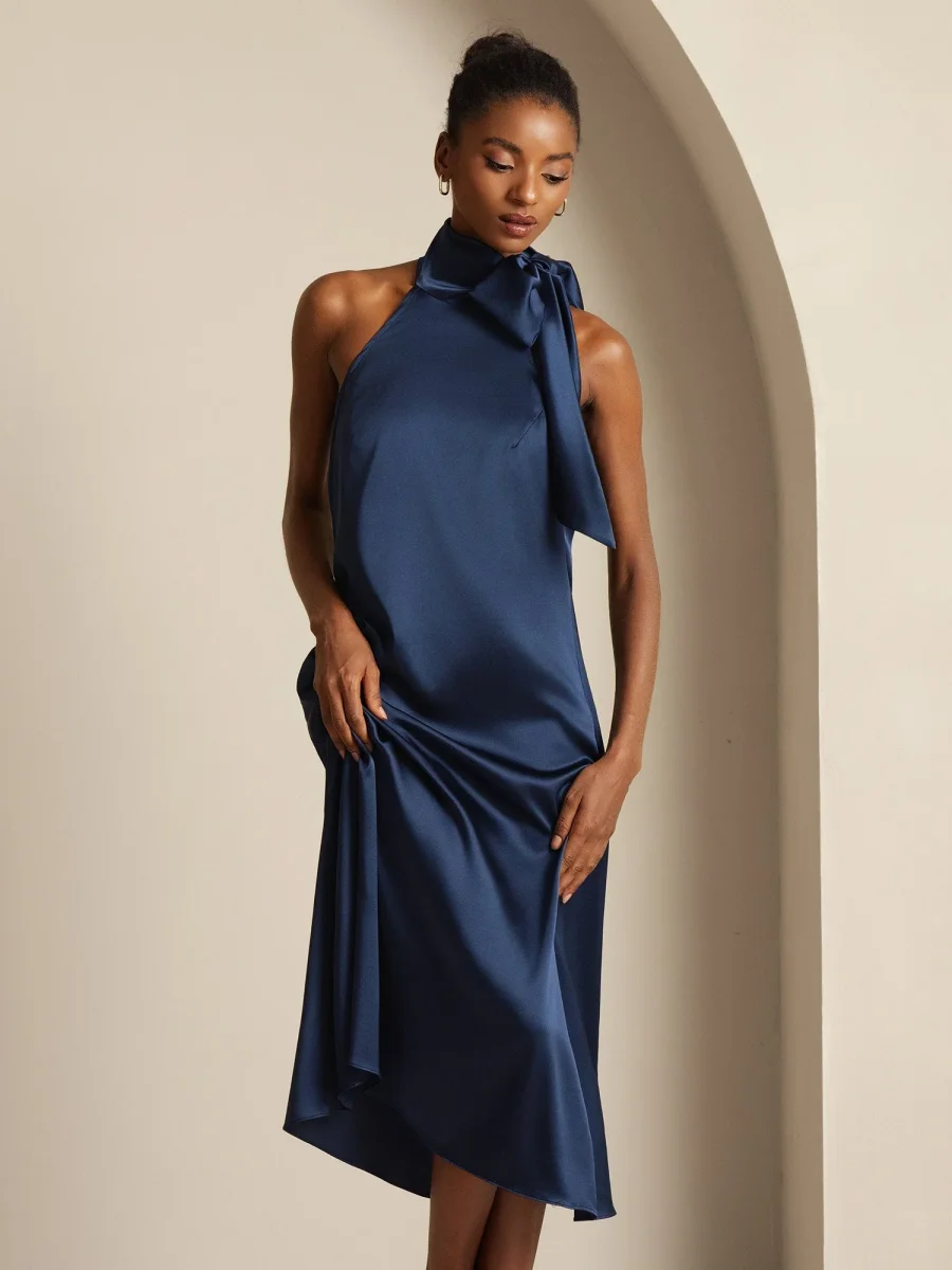 19Momme Seda Cuello Atado Vestido - Imagen 8