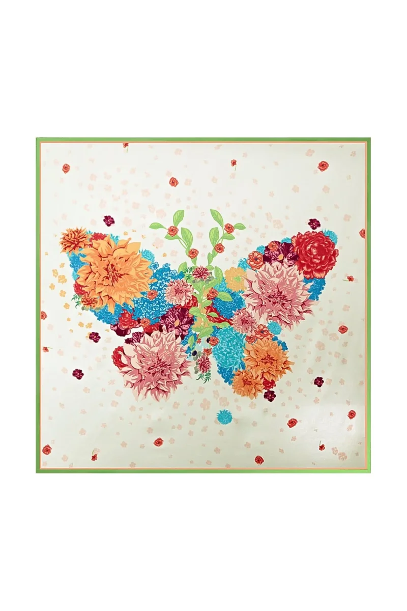 Pañuelo Cuadrado de Seda Pura con Flores y Borde Verde 53*53 cm
