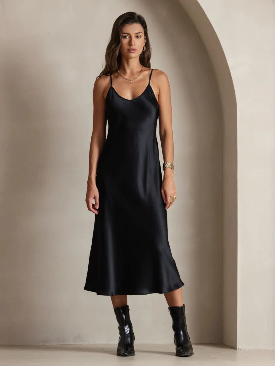 100% Seda de Mora Vestido Largo Midi de Tirantes Finos - Imagen 4