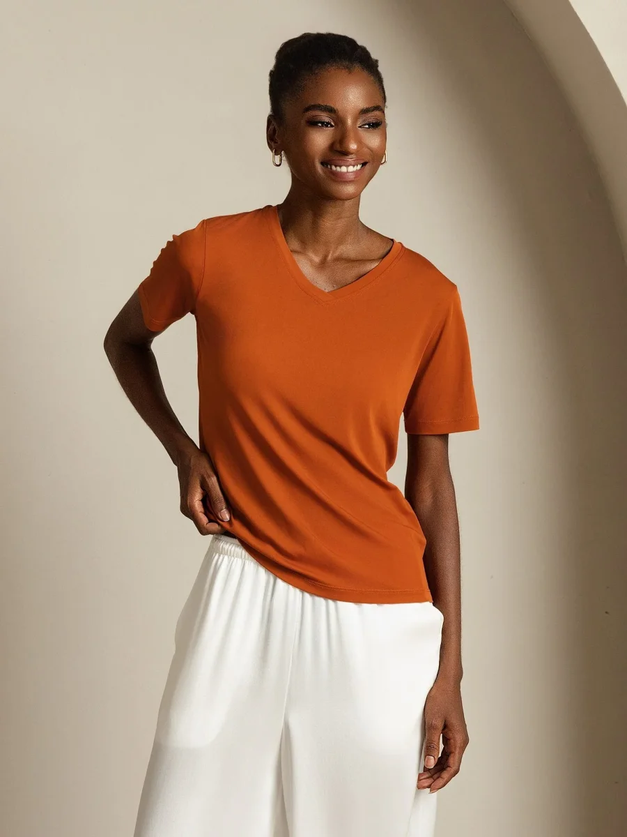 Camiseta de Mujer de Seta Pura con Escote en V y Mangas Cortas Resistente a Enganches - Imagen 8