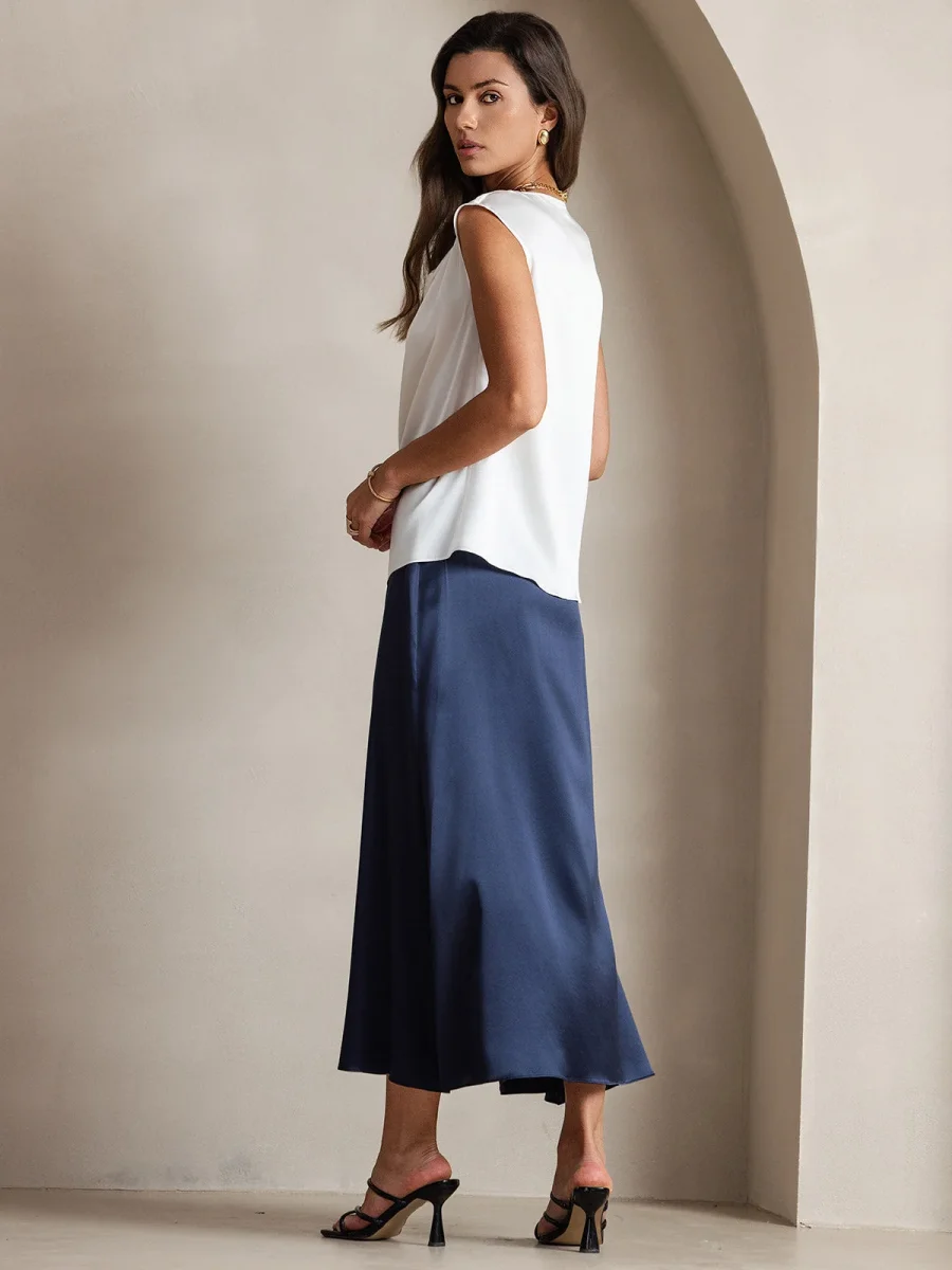 19Momme Seda Cuello Bote Cap Mangas Blusa - Imagen 3