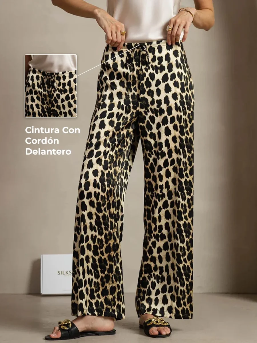 Pantalones Mujer Pierna Ancha De Seda 19Momme Con Estampado De Leopardo Y Bolsillos Laterales - Imagen 3