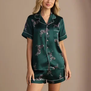 Conjunto De Pijama De Botones De Manga Corta Con Estampado De Cebra De Seda De Morera 100% Para Mujer