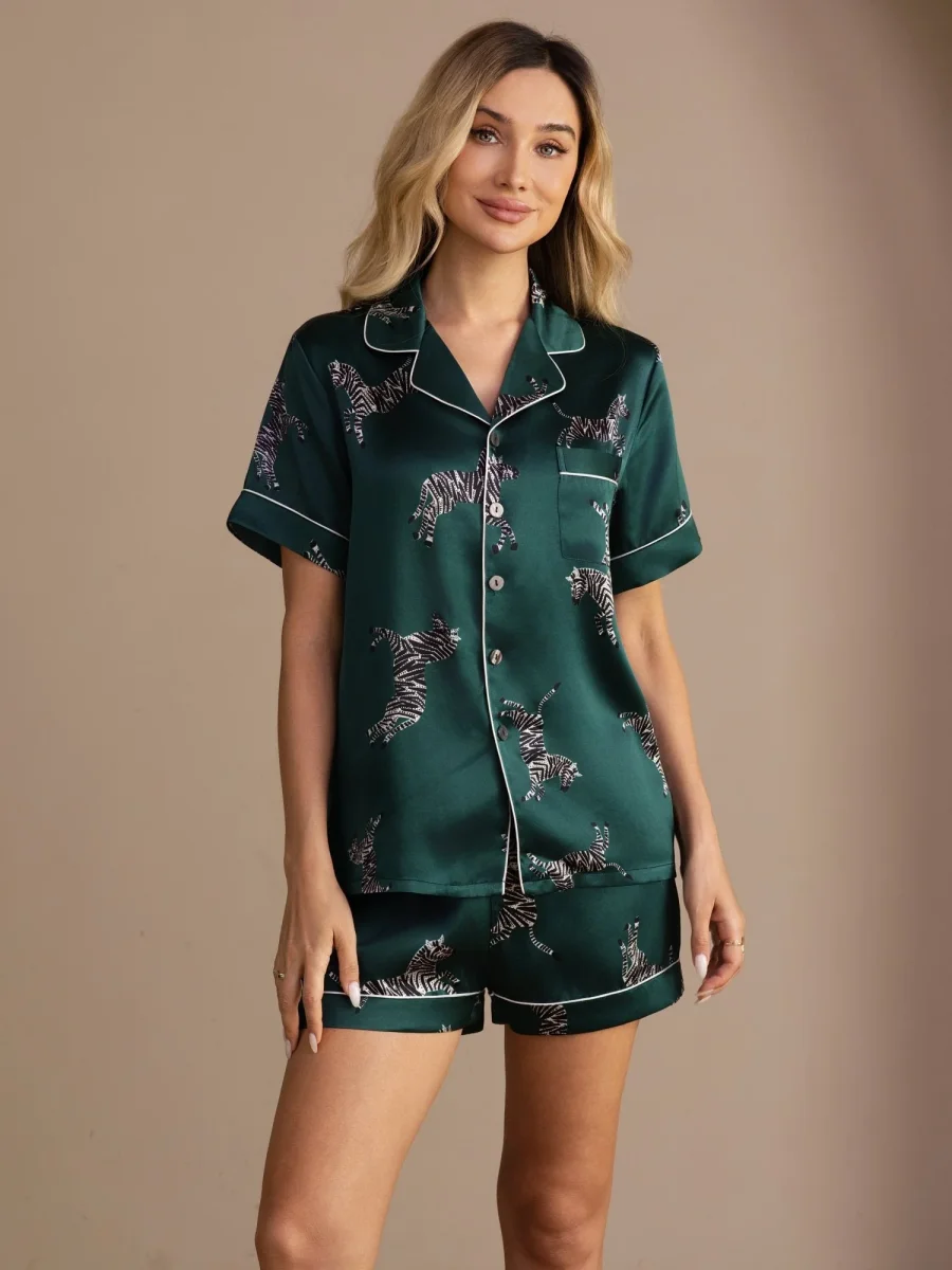 Conjunto De Pijama De Botones De Manga Corta Con Estampado De Cebra De Seda De Morera 100% Para Mujer - Imagen 2