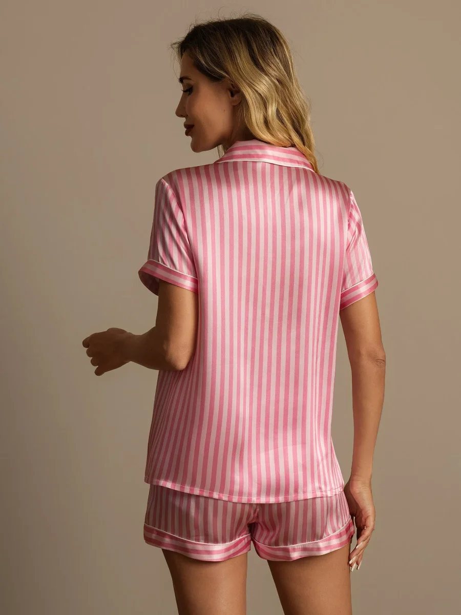 Conjunto De Pijama Para Mujer En Seda Pura Estampado A Rayas Manga Corta Cuello Notch Con Shorts - Imagen 3