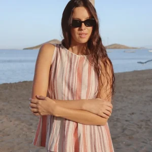 Top Ola Rayas Coral y Lila