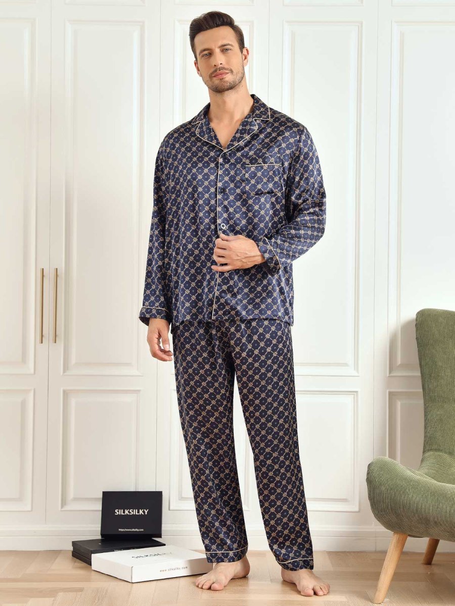 Conjunto De Pijama De Hombre De Seda Pura Con Estampado De Cadena Azul Marino Manga Larga Con Pantalón - Imagen 5