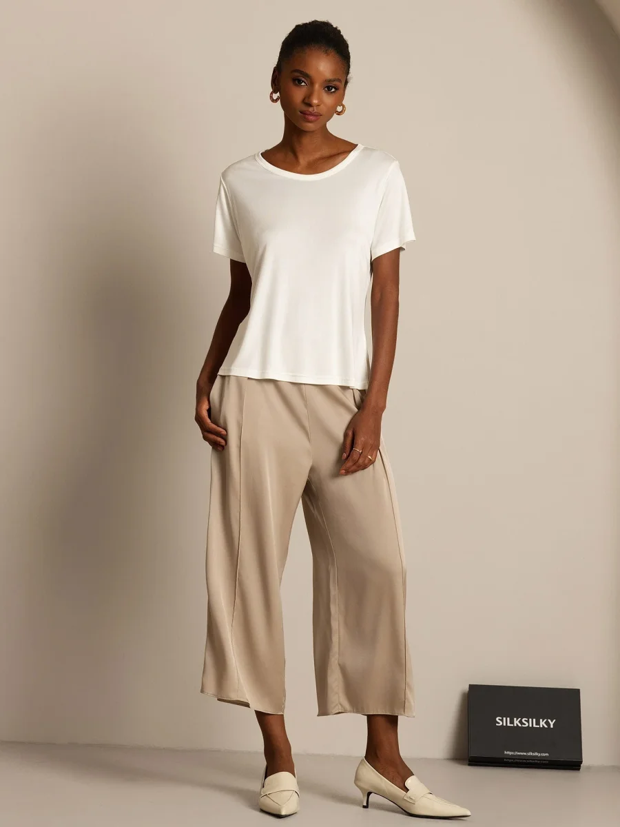 Camiseta de Cuello Redondo y Manga Corta de Pura Seda para Mujer - Imagen 7