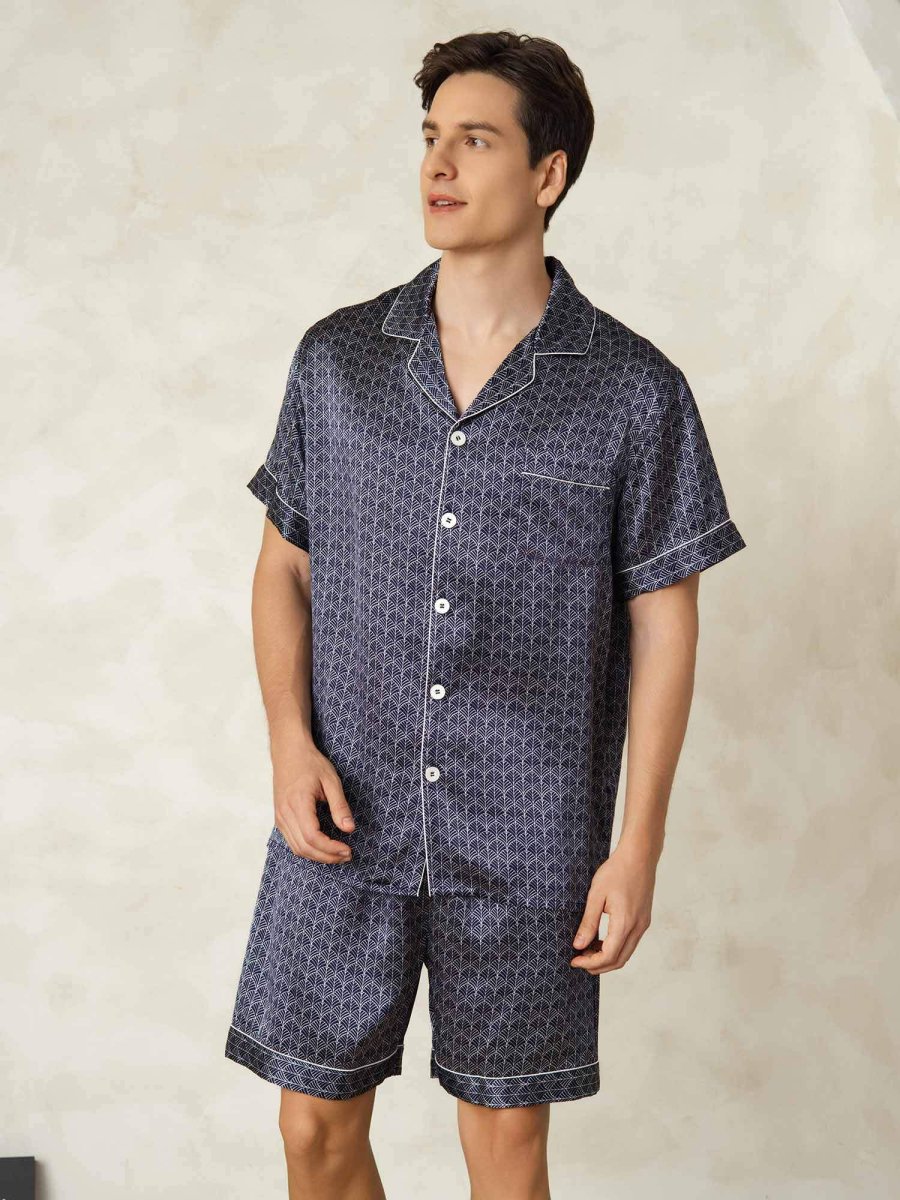Pijama De Hombre De Seda Pura Azul Marino Con Estampado De Ginkgo De Manga Corta Y Cuello Con Solapa - Imagen 5