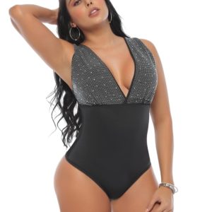 BODY COLOMBIANO FAJA INCORPORADA ESCOTE V  PEDRERÍA PLATEADA 9021