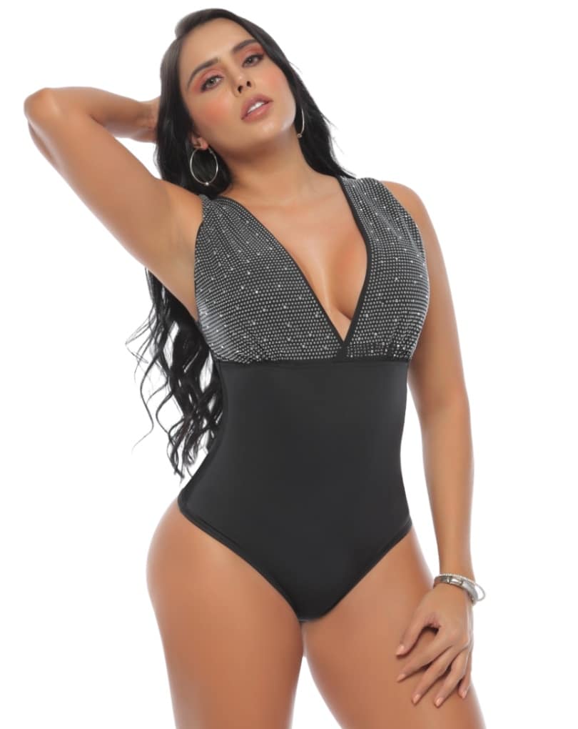 BODY COLOMBIANO FAJA INCORPORADA ESCOTE V PEDRERÍA PLATEADA 9021