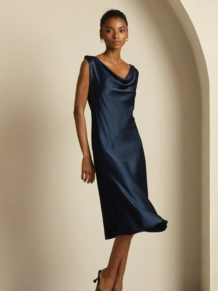 19Momme Vestido sin mangas de seda elegante con escote drapeado - Imagen 8