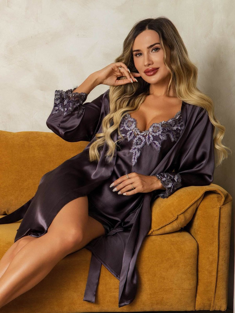 Elegante Bata Y Conjunto De Tirantes En Seda Pura Con Encaje 3 Piezas - Imagen 6
