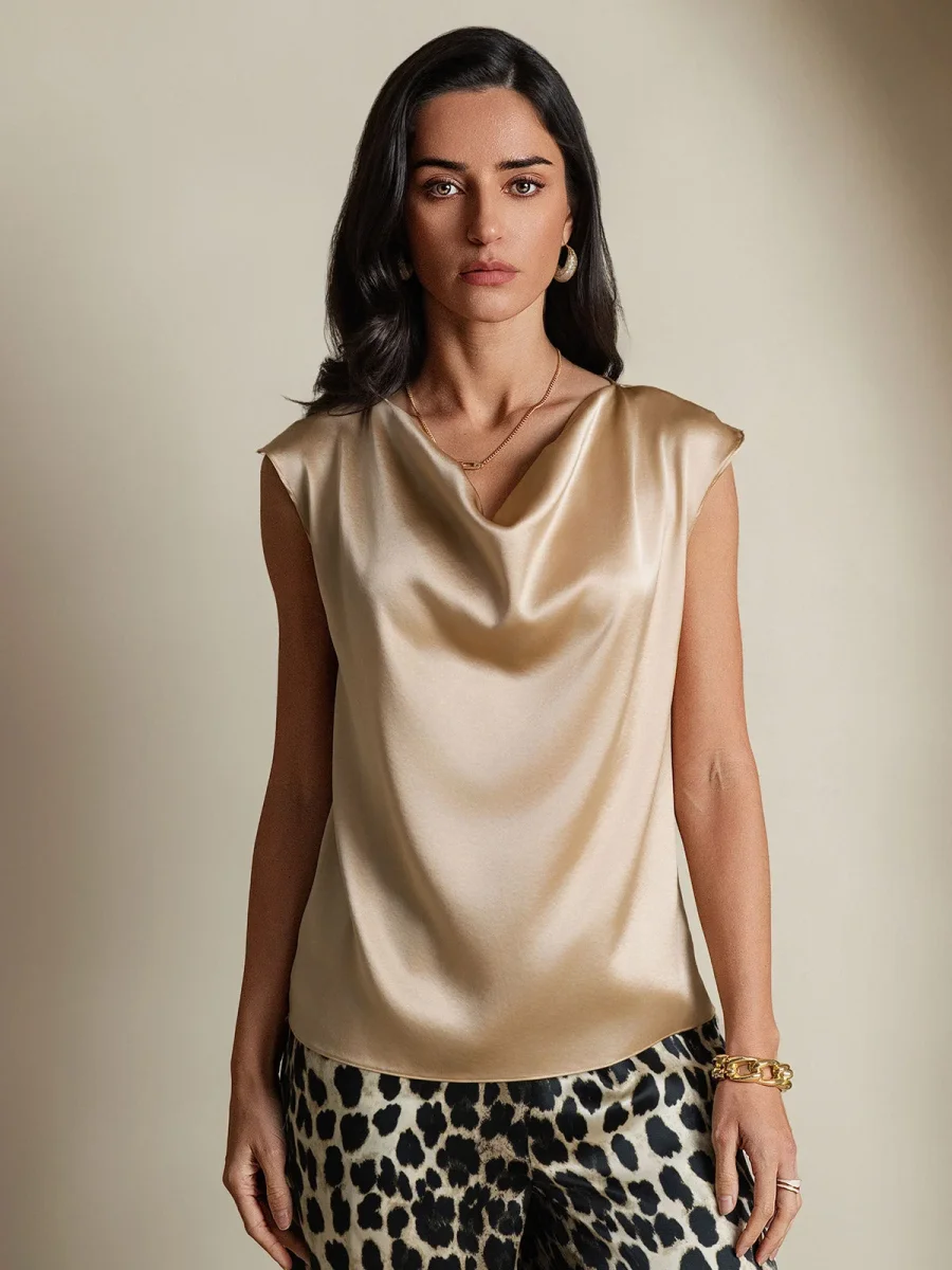 19Momme Seda Cuello Bote Cap Mangas Blusa - Imagen 9