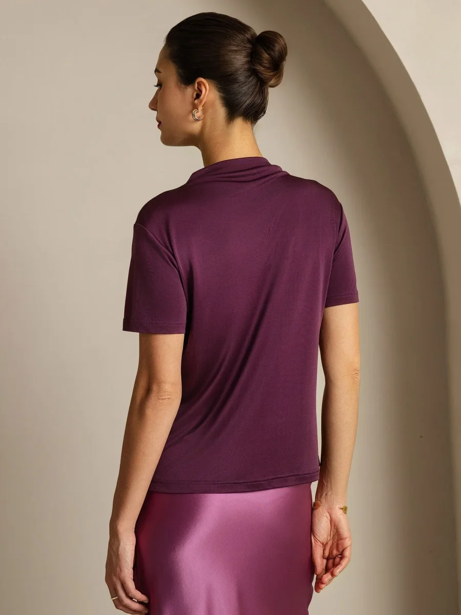 Camiseta De Mujer De Seda Pura Con Manga Corta Y Cuello Mock - Imagen 3