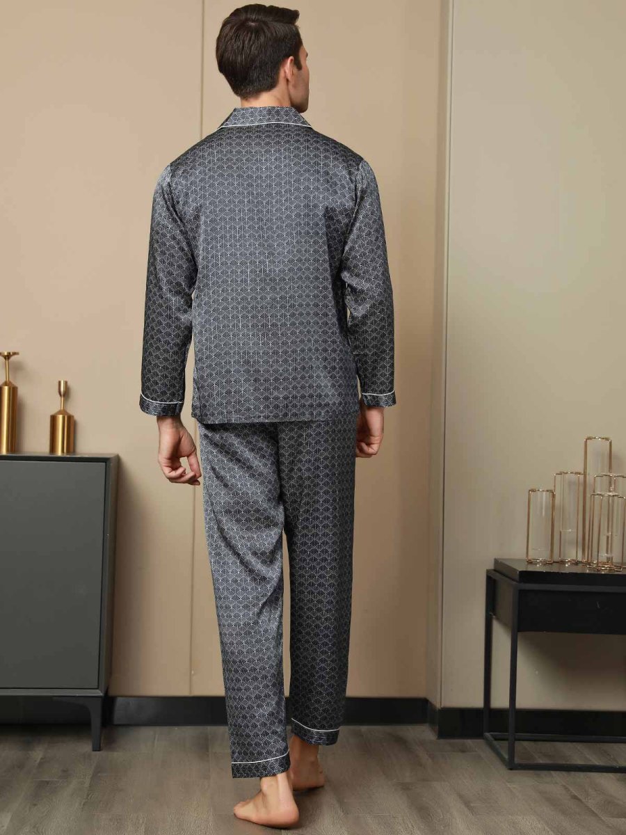 Conjunto De Pijama Para Hombre De Seda Pura Con Estampado De Ginkgo Azul Marino Manga Larga Y Pantalones - Imagen 3