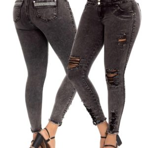 PANTALÓN GRIS BOLSILLOS CON ROTOS Y PRETINA BORDADA 63741