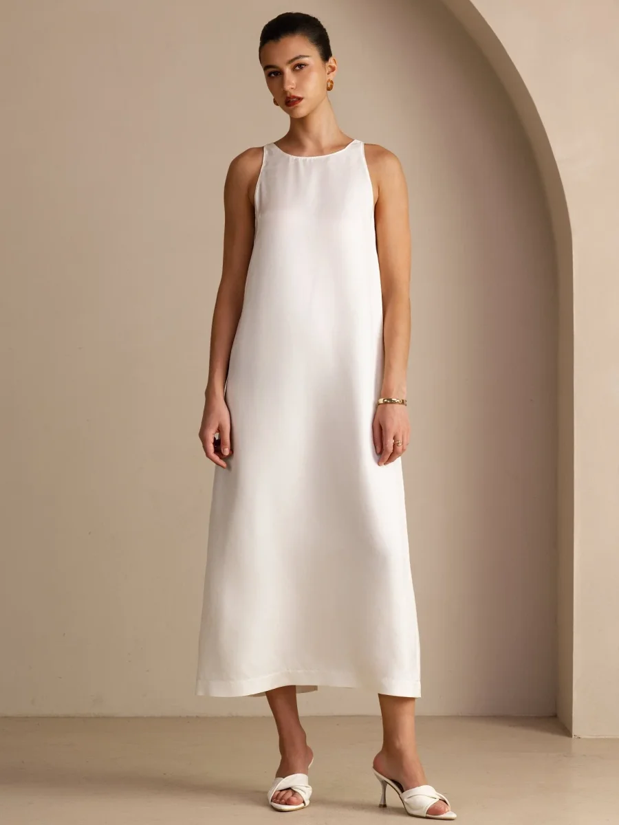 Vestido Midi Sin Mangas De Seda De Morera 100 Por Ciento Con Cuello Redondo Y Cinturón Anudable - Imagen 9