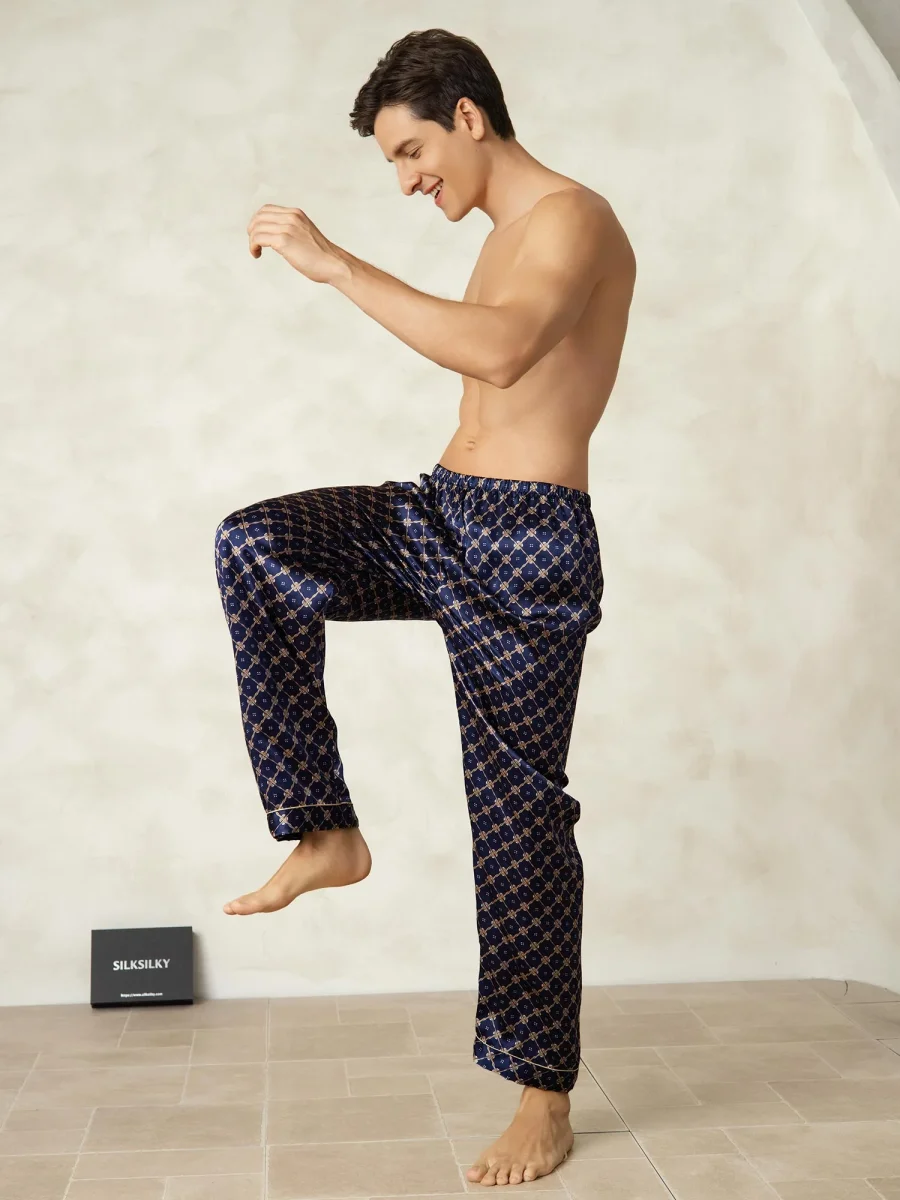 Pantalones De Dormir Para Hombre De Seda Pura Con Estampado De Cadenas Azul Marino Y Cintura Elástica - Imagen 6